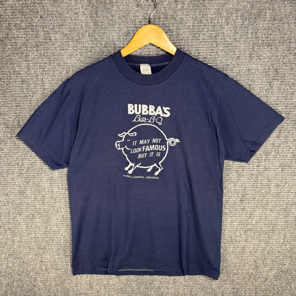 Vintage 80s Bubbas BBQ Eureka Springs Arkansas T-Shirt Navy Blue Mens Large L